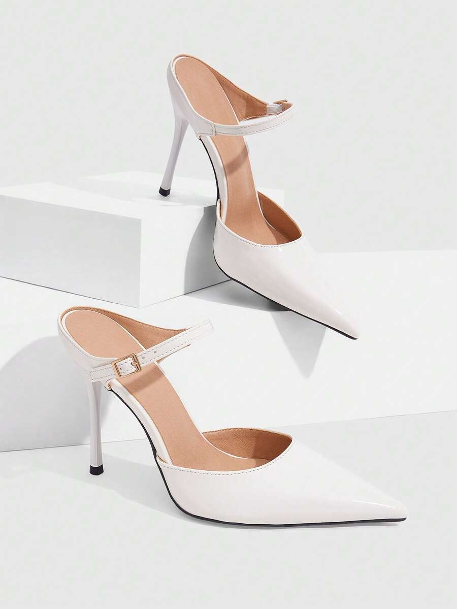 Burgundy pointed toe stiletto high heels with ankle strap buckle detail in patent PU leather
