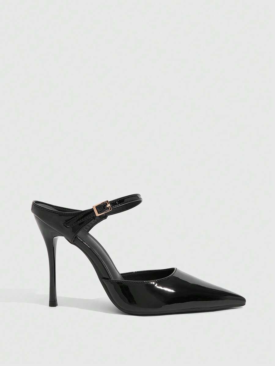 Burgundy pointed toe stiletto high heels with ankle strap buckle detail in patent PU leather