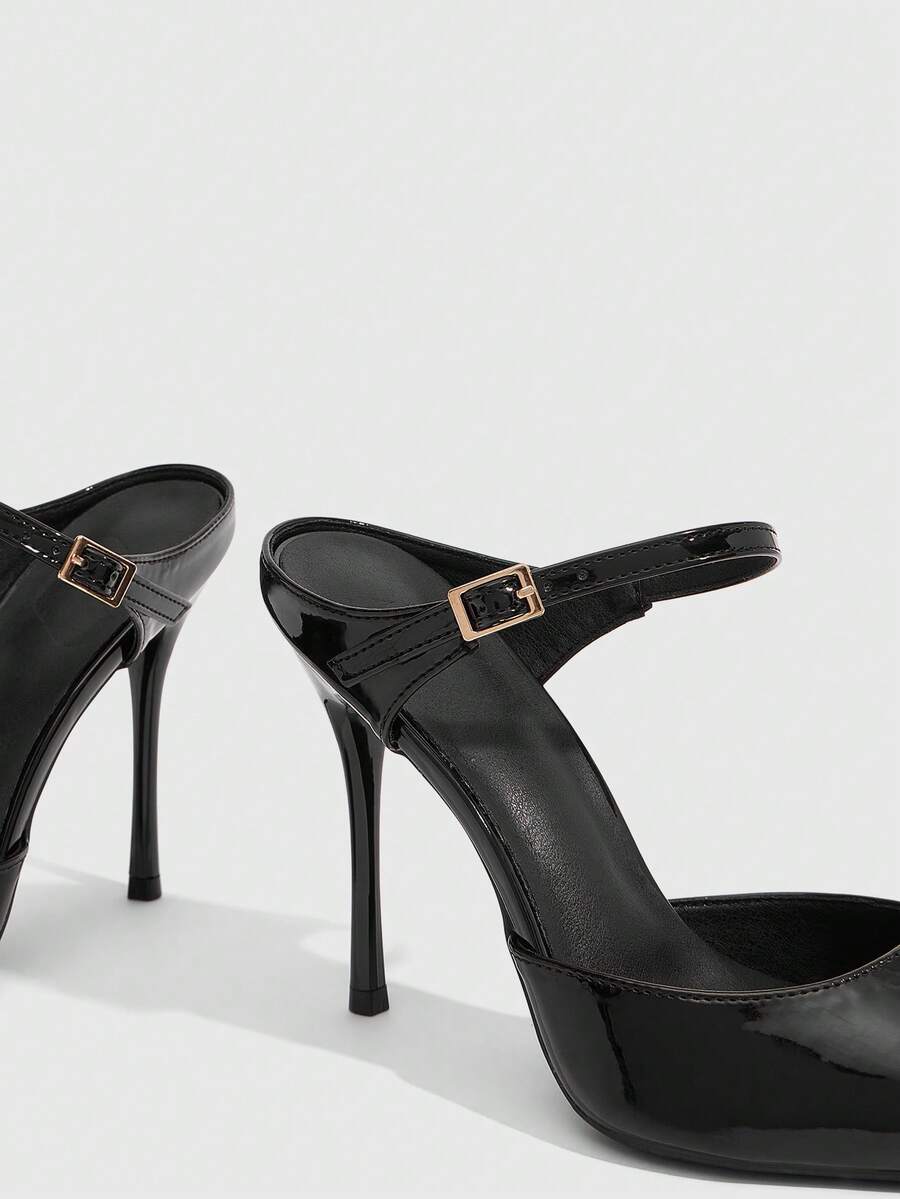 Burgundy pointed toe stiletto high heels with ankle strap buckle detail in patent PU leather