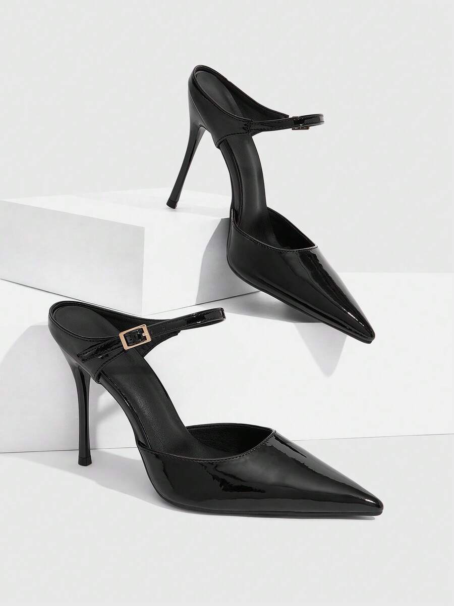 Burgundy pointed toe stiletto high heels with ankle strap buckle detail in patent PU leather