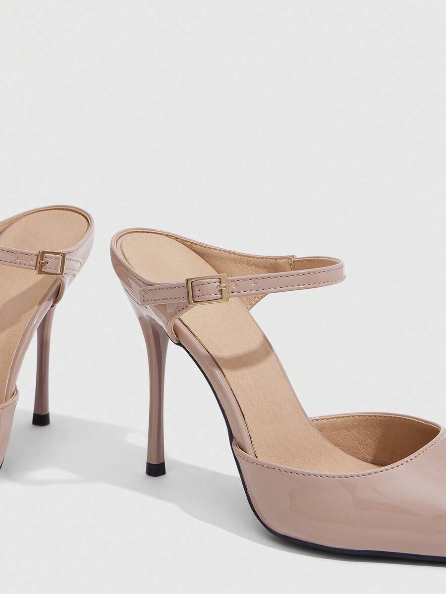 Burgundy pointed toe stiletto high heels with ankle strap buckle detail in patent PU leather