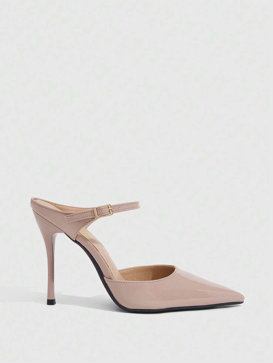 Burgundy pointed toe stiletto high heels with ankle strap buckle detail in patent PU leather