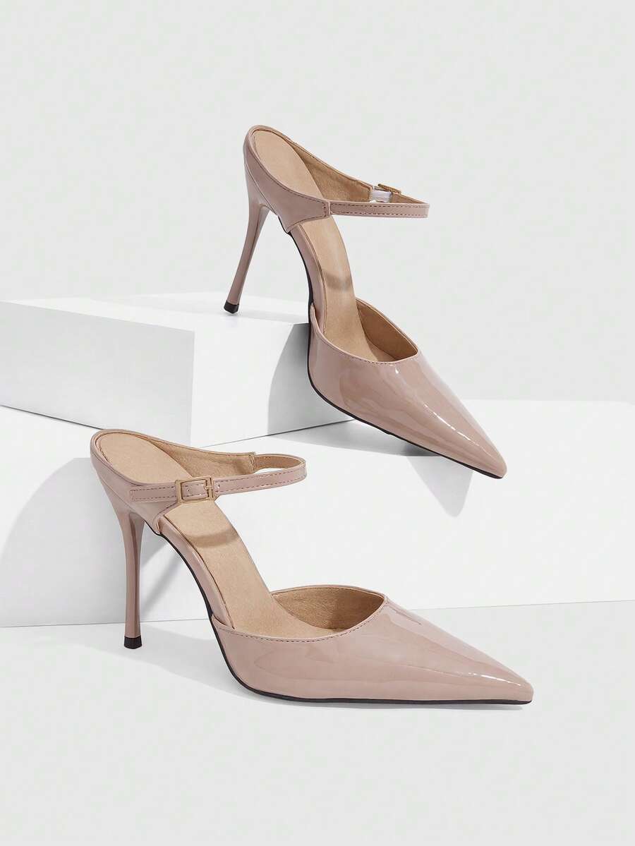 Burgundy pointed toe stiletto high heels with ankle strap buckle detail in patent PU leather