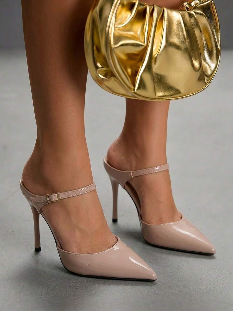 Burgundy pointed toe stiletto high heels with ankle strap buckle detail in patent PU leather