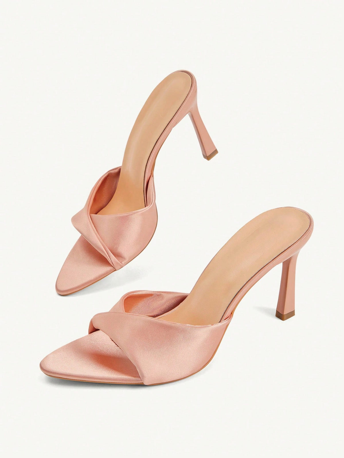 Women's peep toe high-heeled stiletto sandals with slingback strap in light metallic finish.