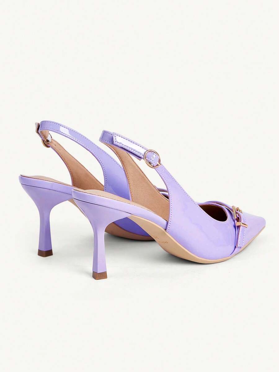 Beige pointed toe high heel pumps featuring a sleek stiletto heel and slingback strap for women.