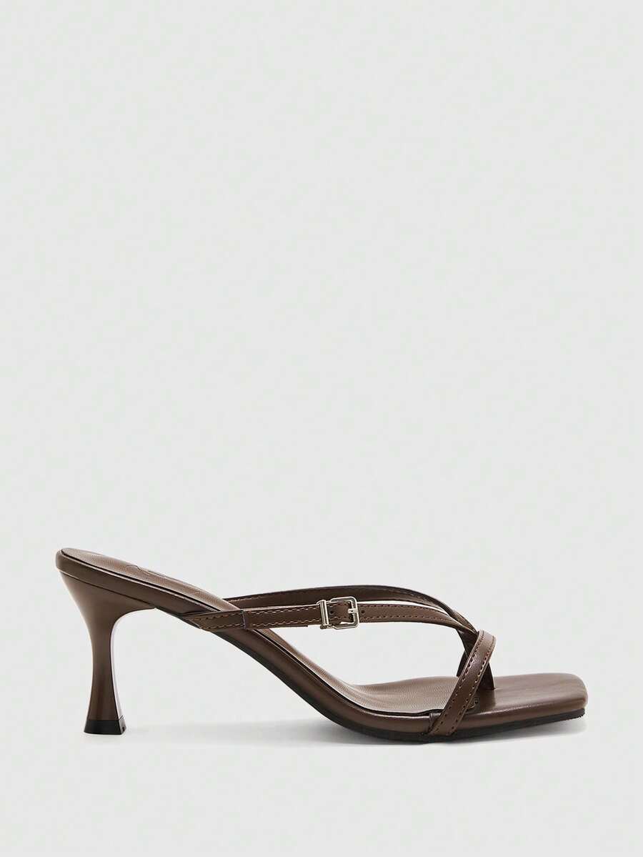 Burgundy square toe kitten heel flip-flops sandals with buckle slingback strap for women