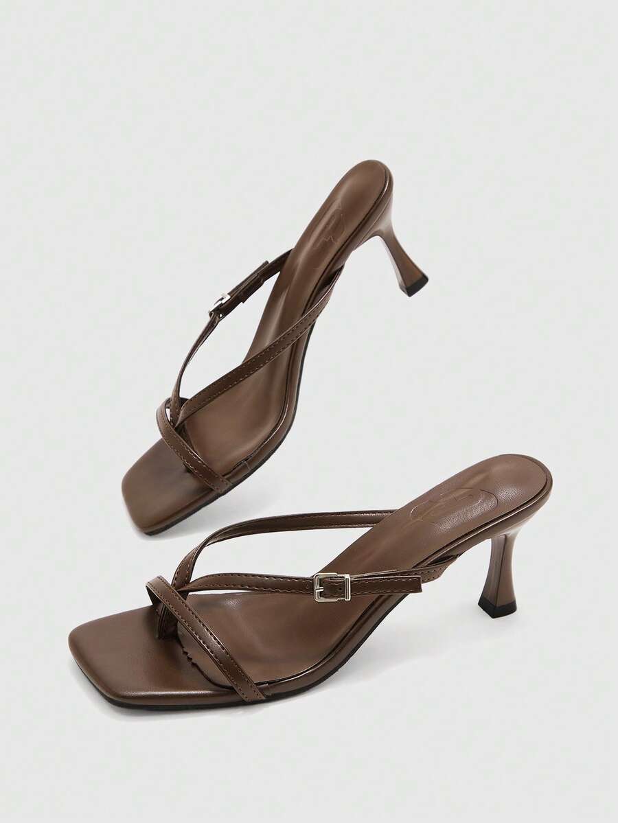 Burgundy square toe kitten heel flip-flops sandals with buckle slingback strap for women