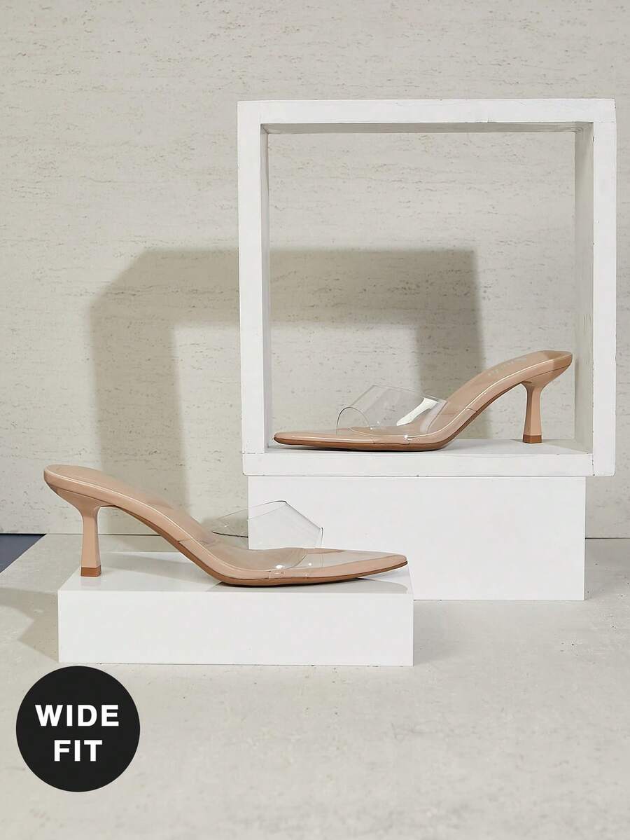 Women's wide-fit stiletto heel sandals in glossy patent PU with a sleek point toe design