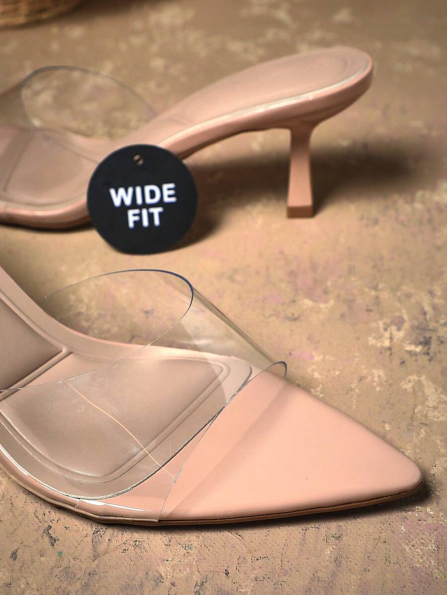 Women's wide-fit stiletto heel sandals in glossy patent PU with a sleek point toe design