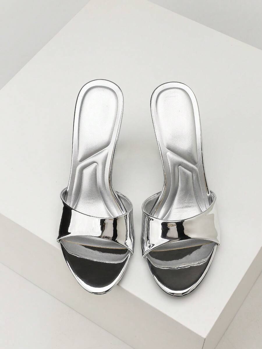 Women's stiletto high heel sandals with an open round toe and slingback strap crafted from smooth PU leather.