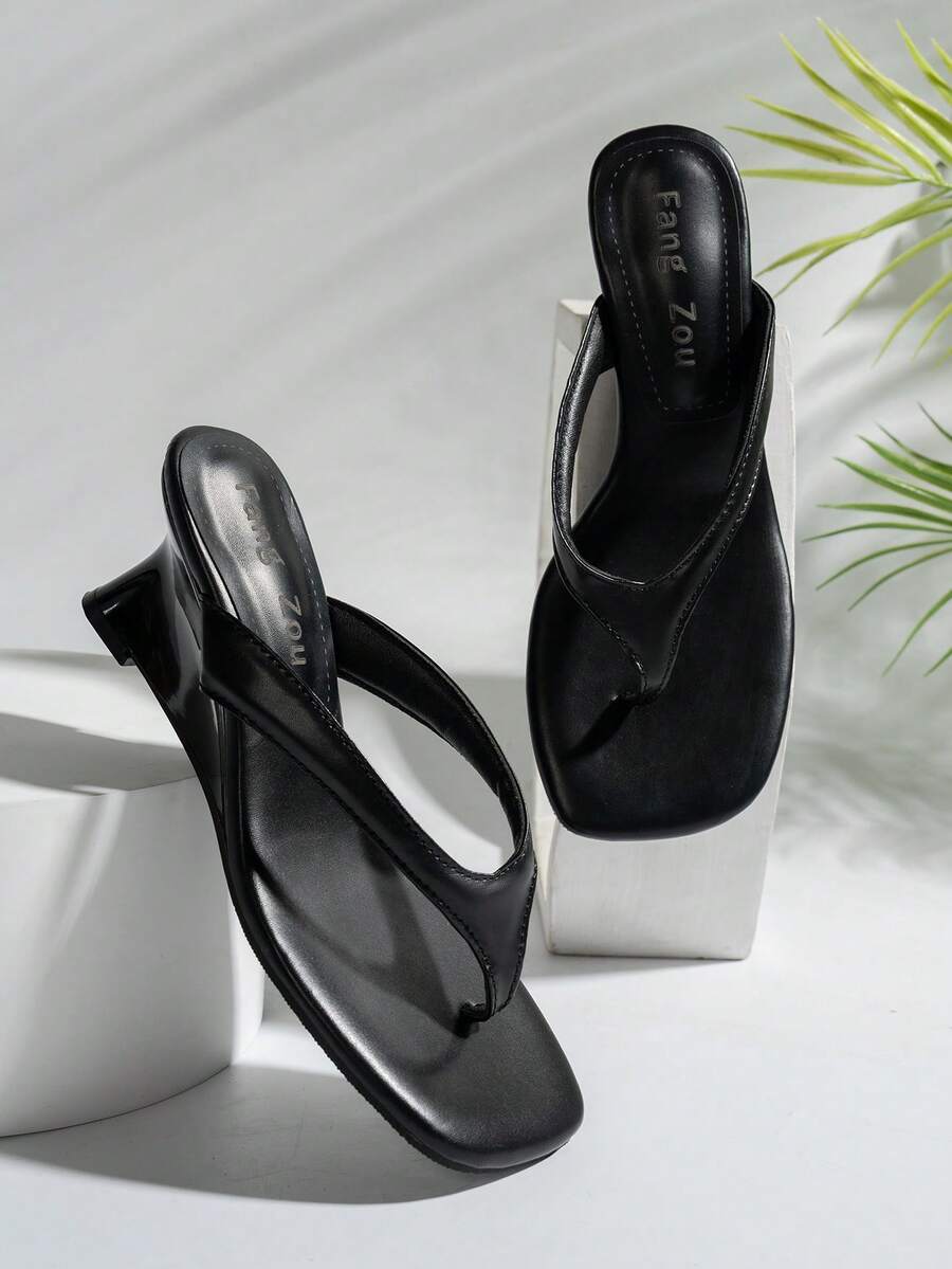 Women's square toe wedge flip-flops with sleek PU leather toe-post straps and elevated wedge heels.