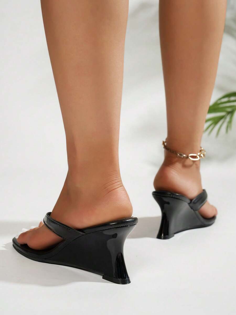 Women's square toe wedge flip-flops with sleek PU leather toe-post straps and elevated wedge heels.