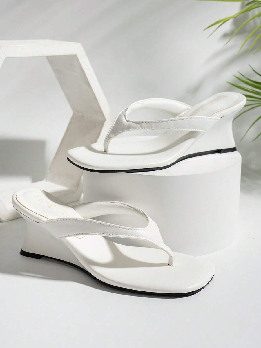 Women's square toe wedge flip-flops with sleek PU leather toe-post straps and elevated wedge heels.