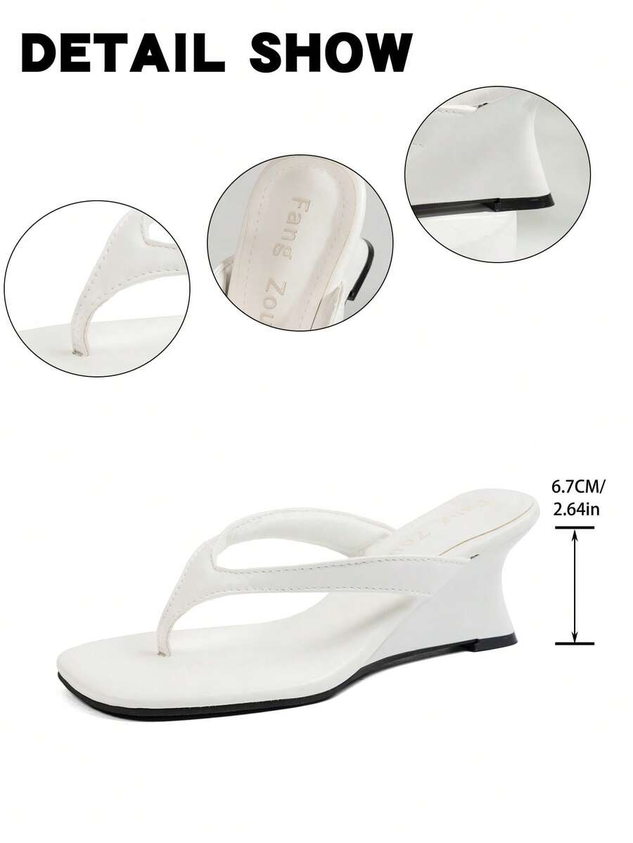 Women's square toe wedge flip-flops with sleek PU leather toe-post straps and elevated wedge heels.