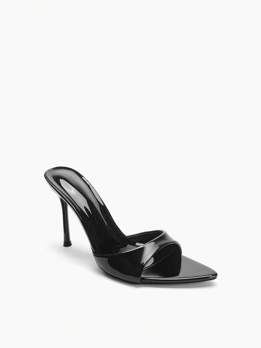 Pair of pointed toe stiletto heel mule sandals with a glossy finish and electroplated thin high heel for wedding and evening party events.