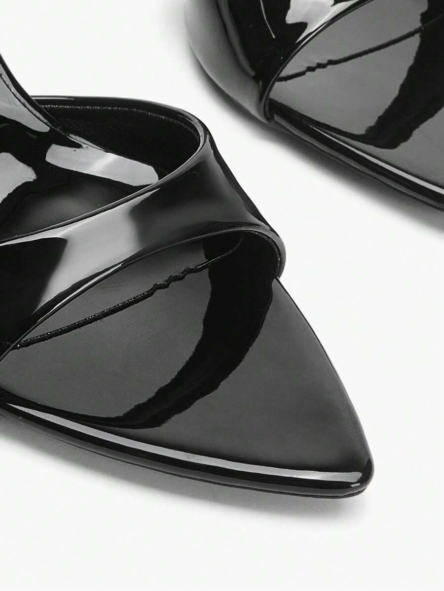 Pair of pointed toe stiletto heel mule sandals with a glossy finish and electroplated thin high heel for wedding and evening party events.