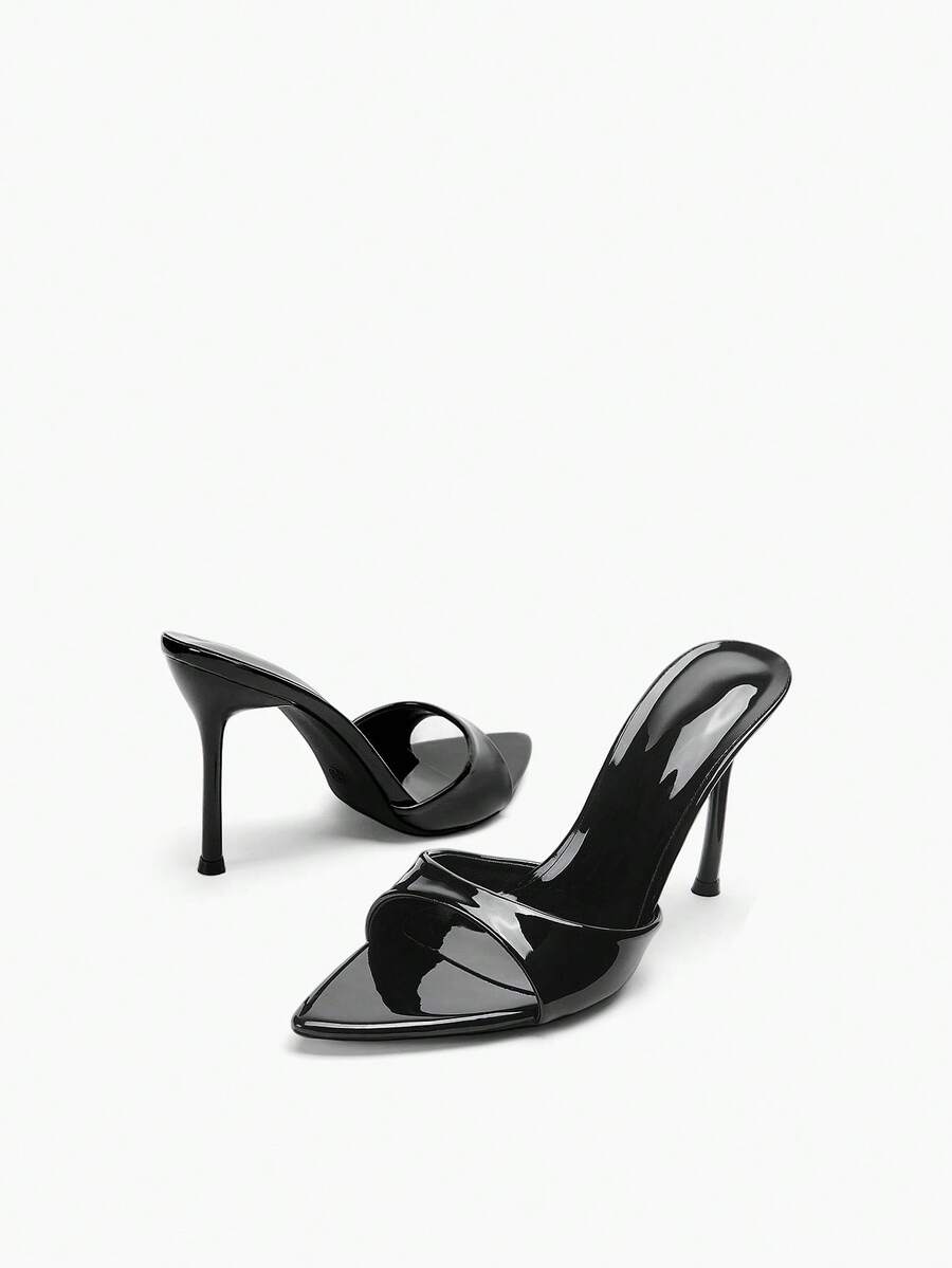 Pair of pointed toe stiletto heel mule sandals with a glossy finish and electroplated thin high heel for wedding and evening party events.