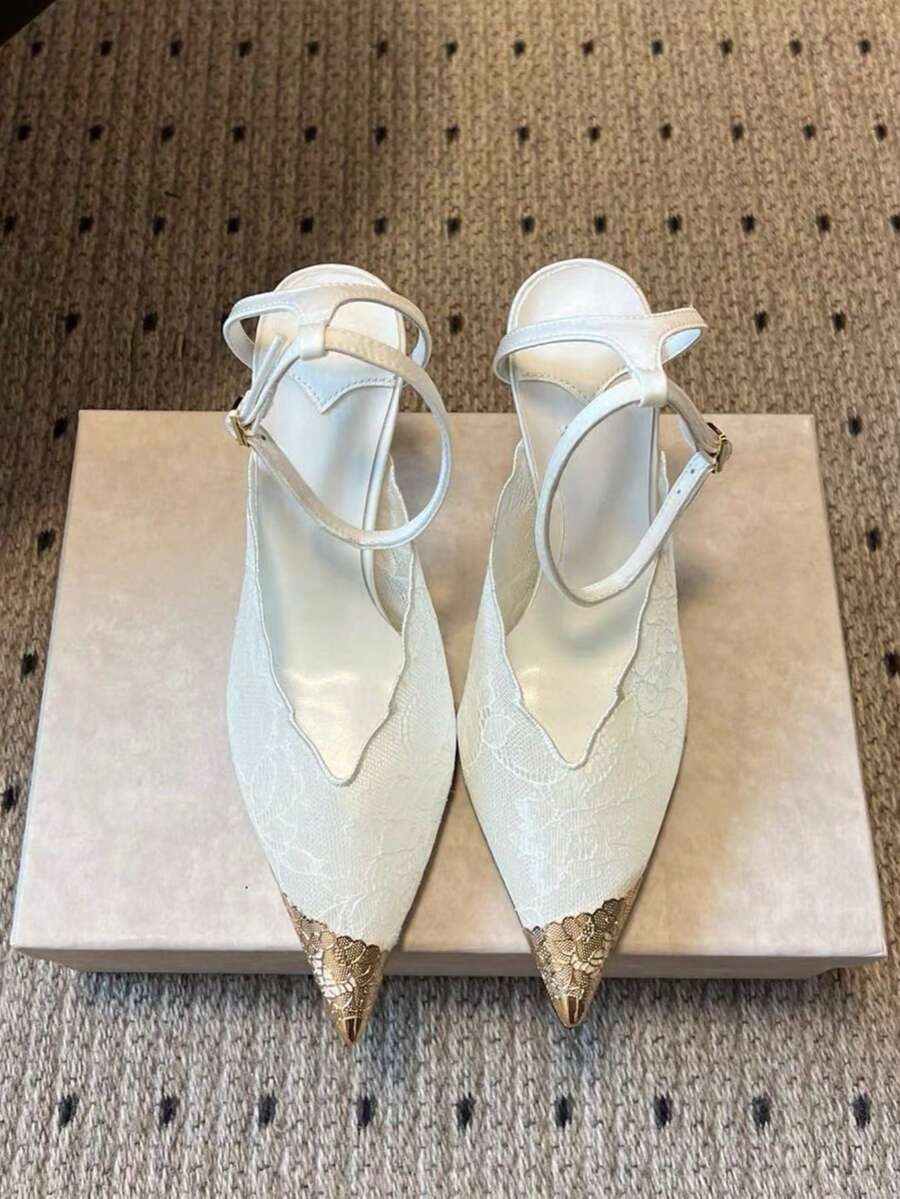 Lace pointed toe stiletto heel sandal pumps featuring mesh detailing, high slender heels, and an adjustable ankle buckle strap.