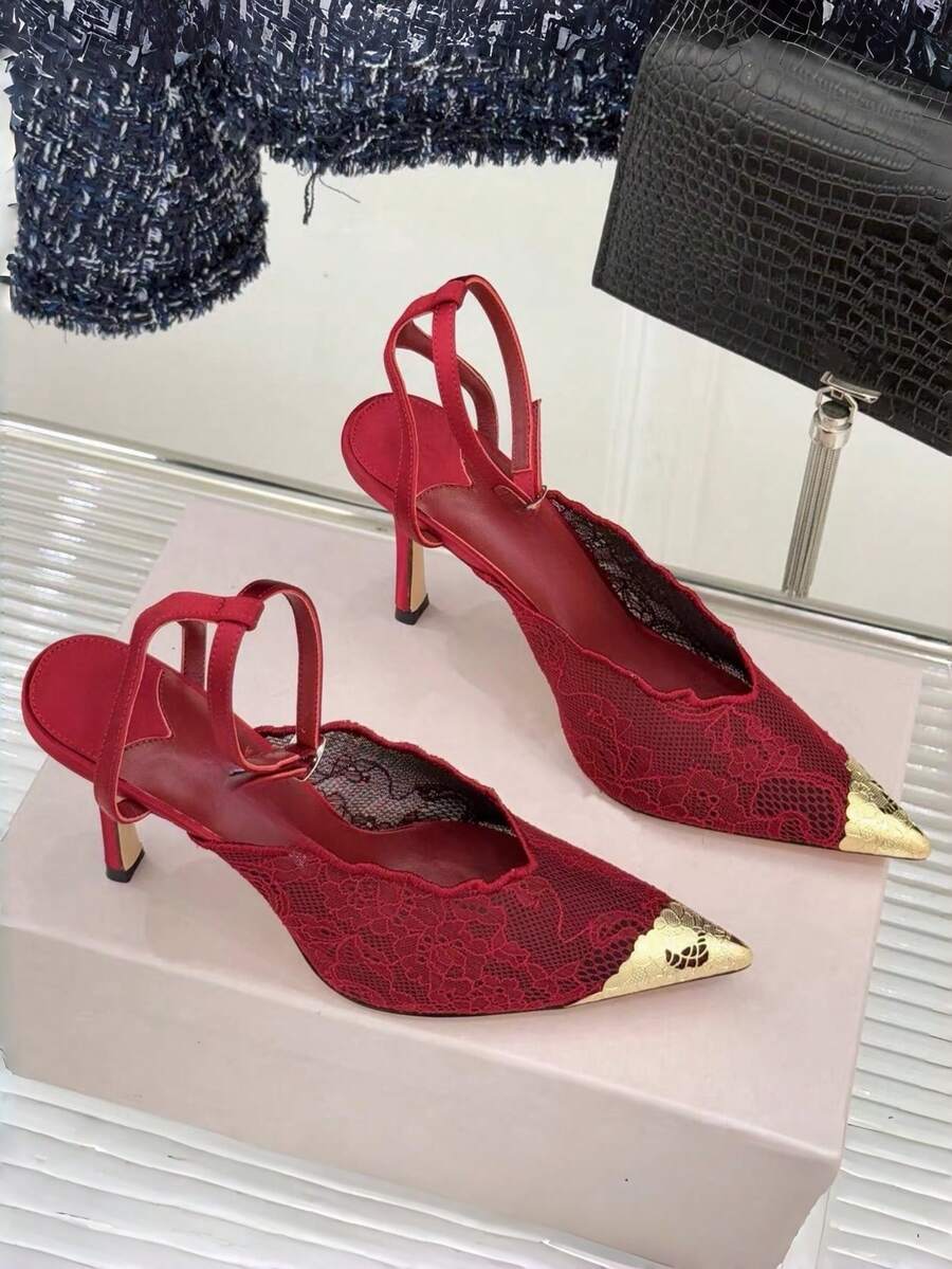 Lace pointed toe stiletto heel sandal pumps featuring mesh detailing, high slender heels, and an adjustable ankle buckle strap.