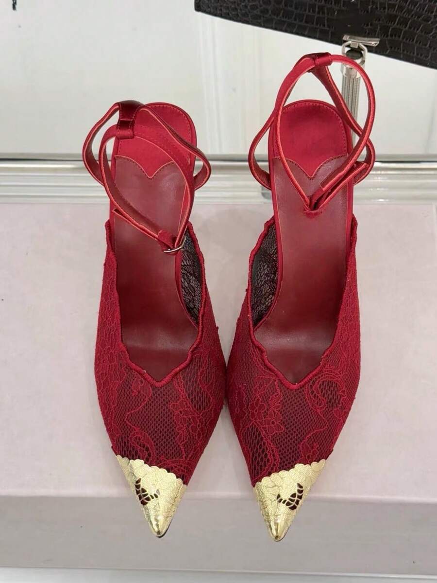 Lace pointed toe stiletto heel sandal pumps featuring mesh detailing, high slender heels, and an adjustable ankle buckle strap.
