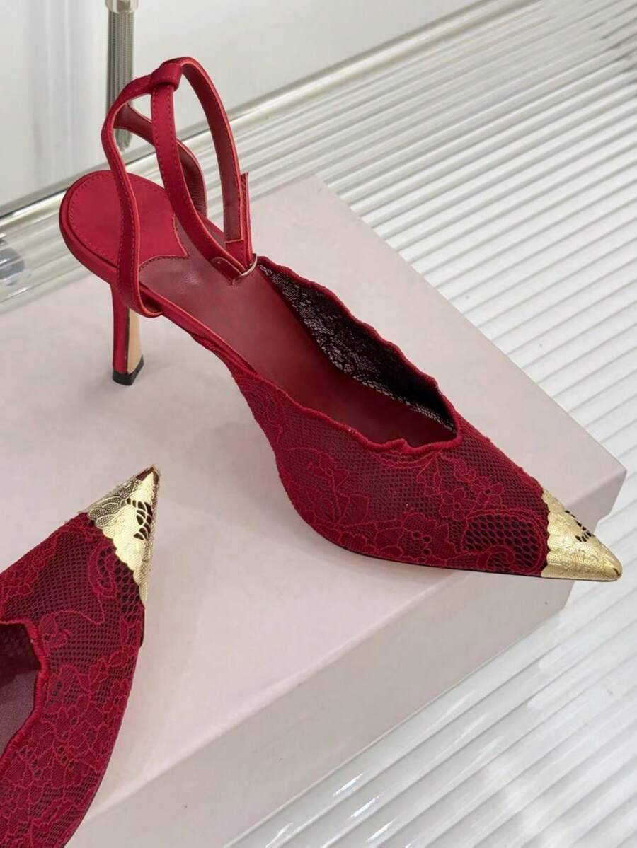 Lace pointed toe stiletto heel sandal pumps featuring mesh detailing, high slender heels, and an adjustable ankle buckle strap.