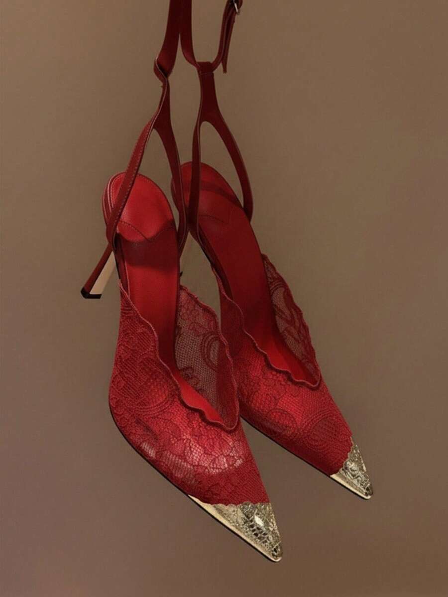Lace pointed toe stiletto heel sandal pumps featuring mesh detailing, high slender heels, and an adjustable ankle buckle strap.