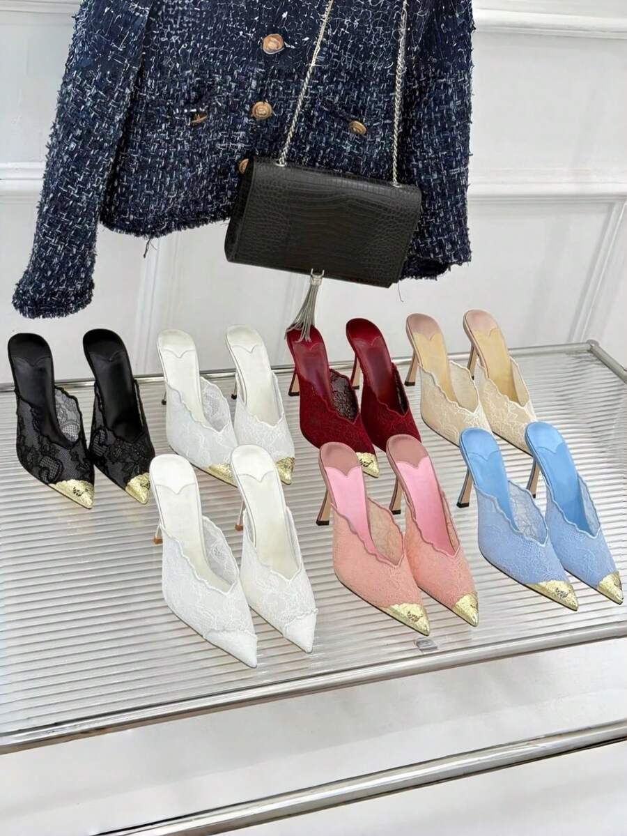 Lace pointed toe stiletto heel sandal pumps featuring mesh detailing, high slender heels, and an adjustable ankle buckle strap.