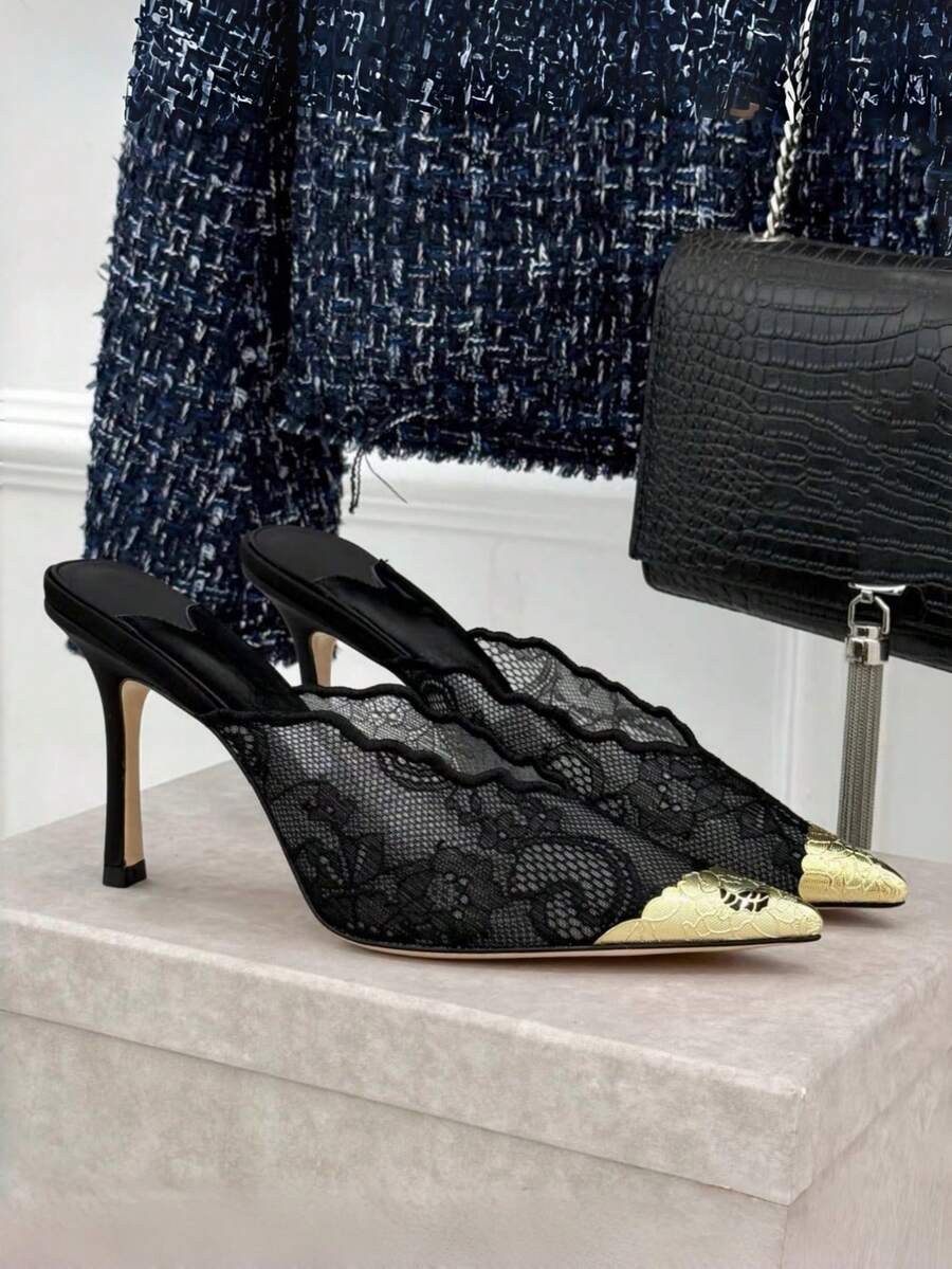 Lace pointed toe stiletto heel sandal pumps featuring mesh detailing, high slender heels, and an adjustable ankle buckle strap.