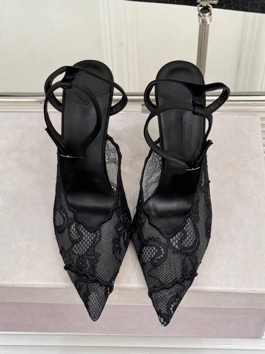 Lace pointed toe stiletto heel sandal pumps featuring mesh detailing, high slender heels, and an adjustable ankle buckle strap.