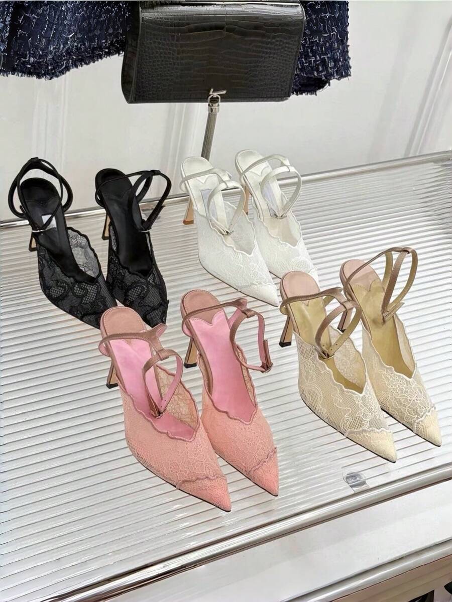Lace pointed toe stiletto heel sandal pumps featuring mesh detailing, high slender heels, and an adjustable ankle buckle strap.