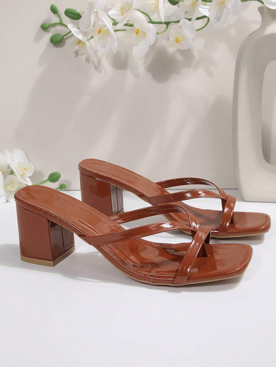 Women's open square toe slip-on high heel sandals with stiletto mid heel