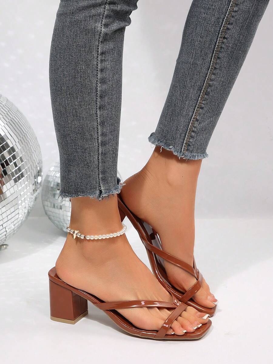 Women's open square toe slip-on high heel sandals with stiletto mid heel