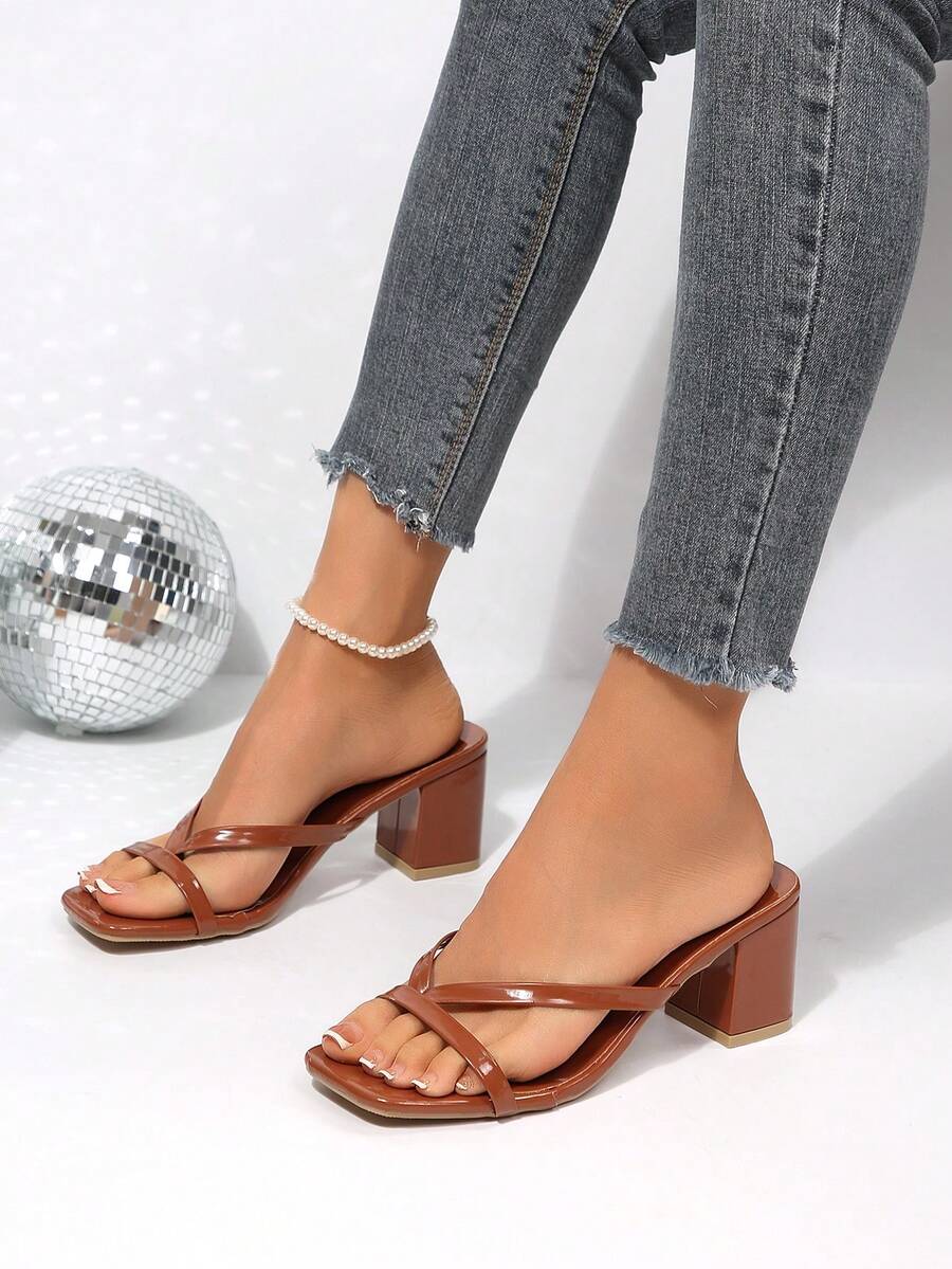 Women's open square toe slip-on high heel sandals with stiletto mid heel