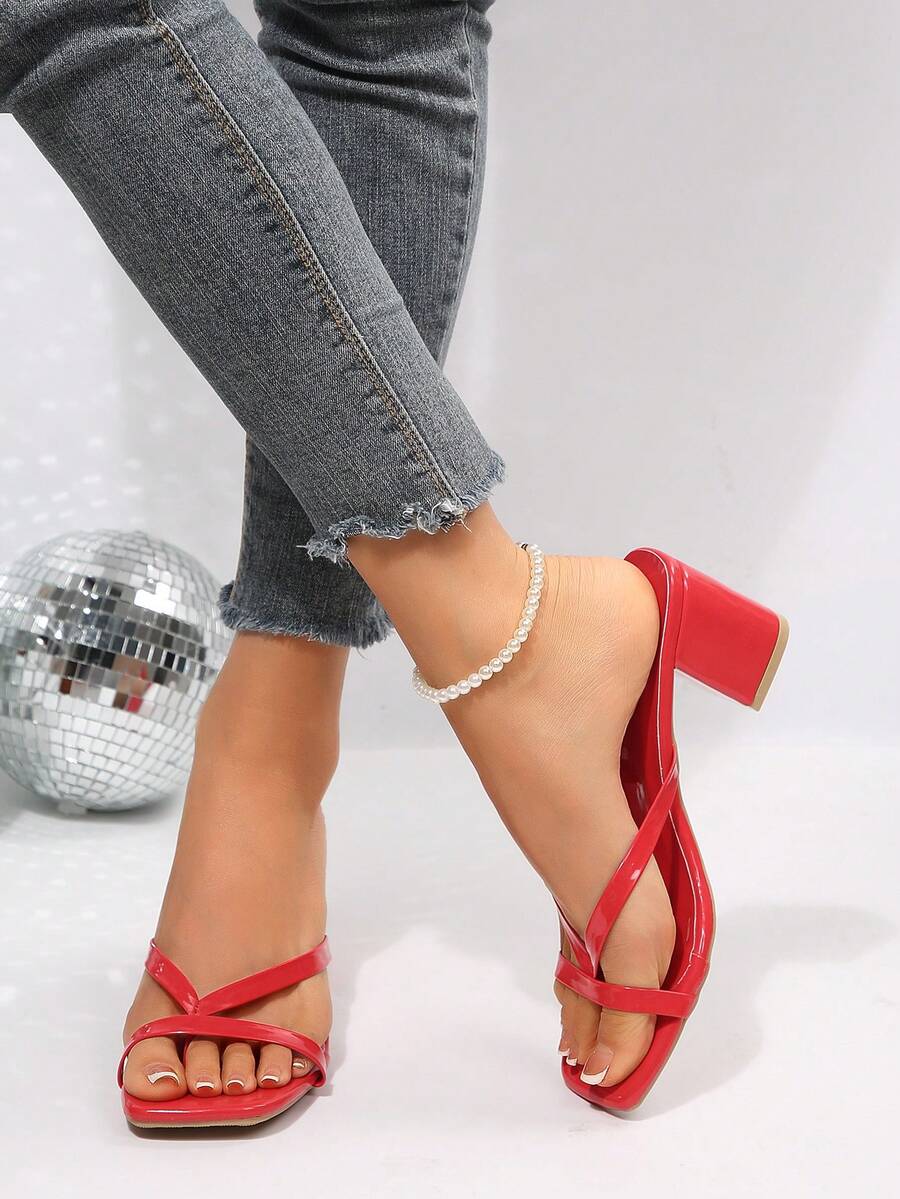 Women's open square toe slip-on high heel sandals with stiletto mid heel