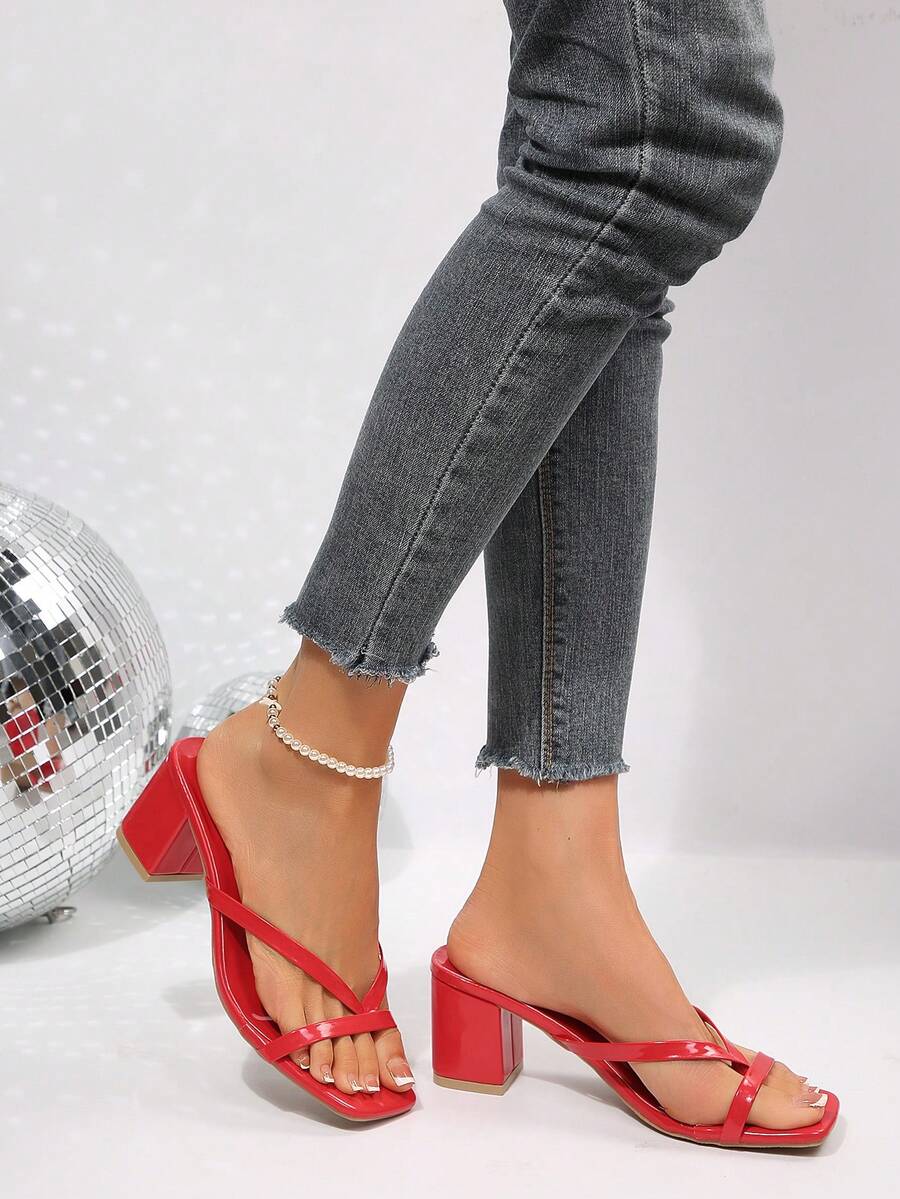 Women's open square toe slip-on high heel sandals with stiletto mid heel