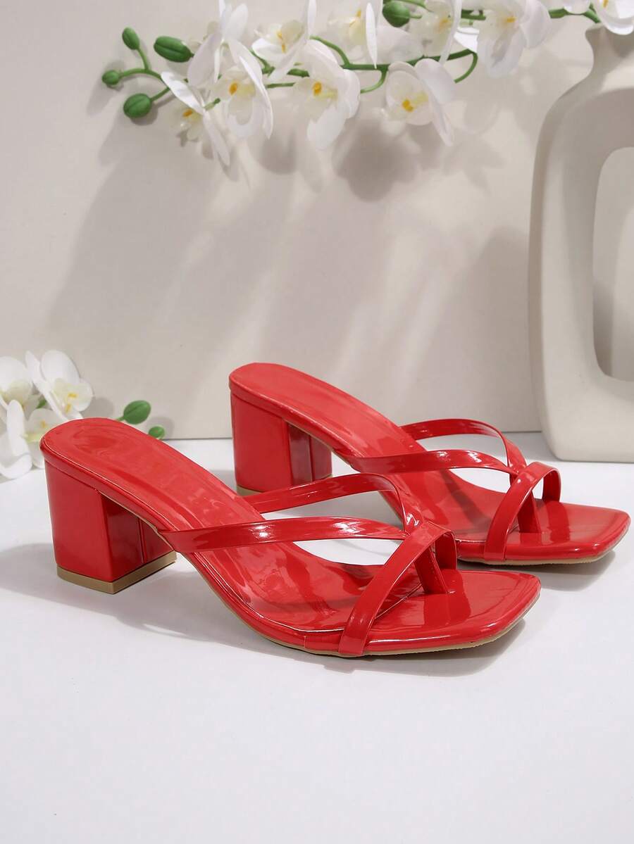 Women's open square toe slip-on high heel sandals with stiletto mid heel