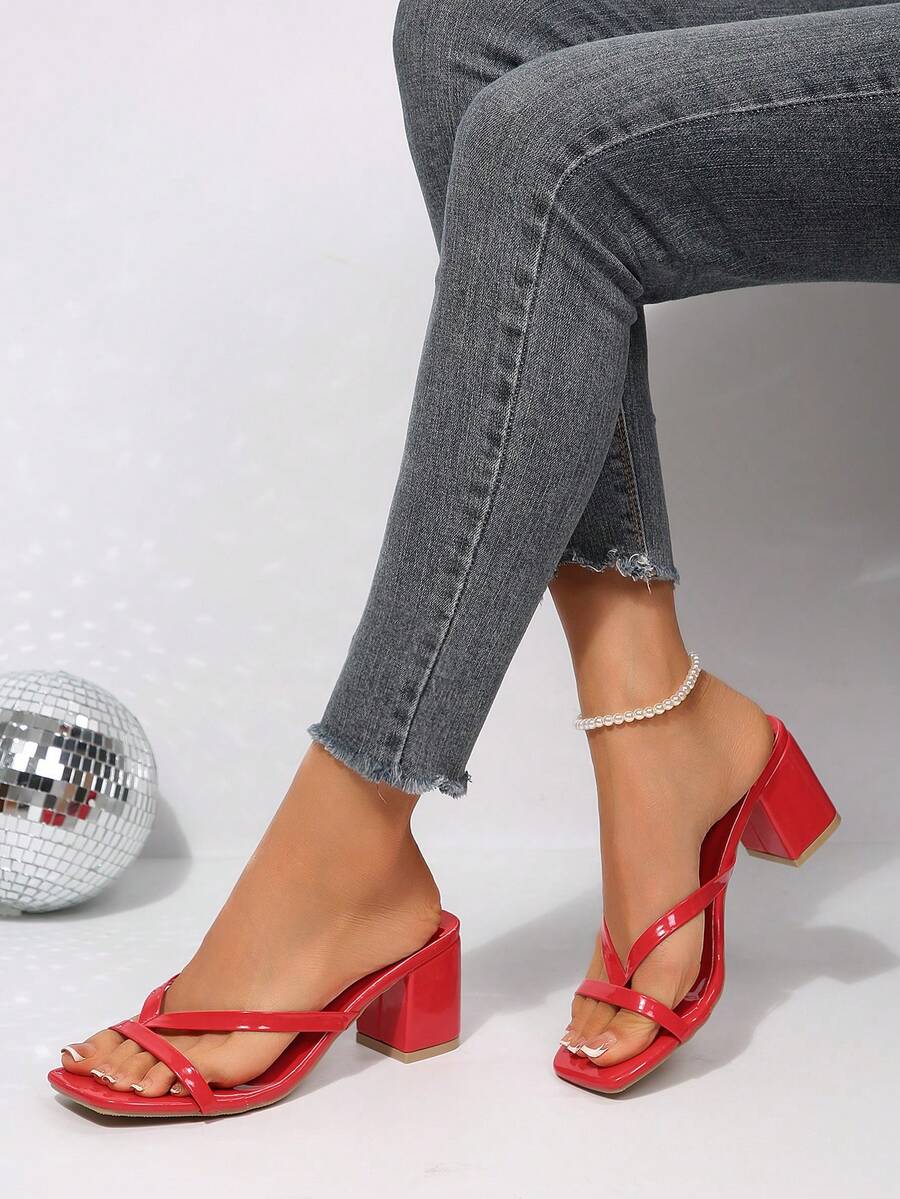 Women's open square toe slip-on high heel sandals with stiletto mid heel