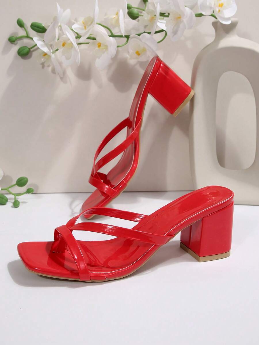 Women's open square toe slip-on high heel sandals with stiletto mid heel