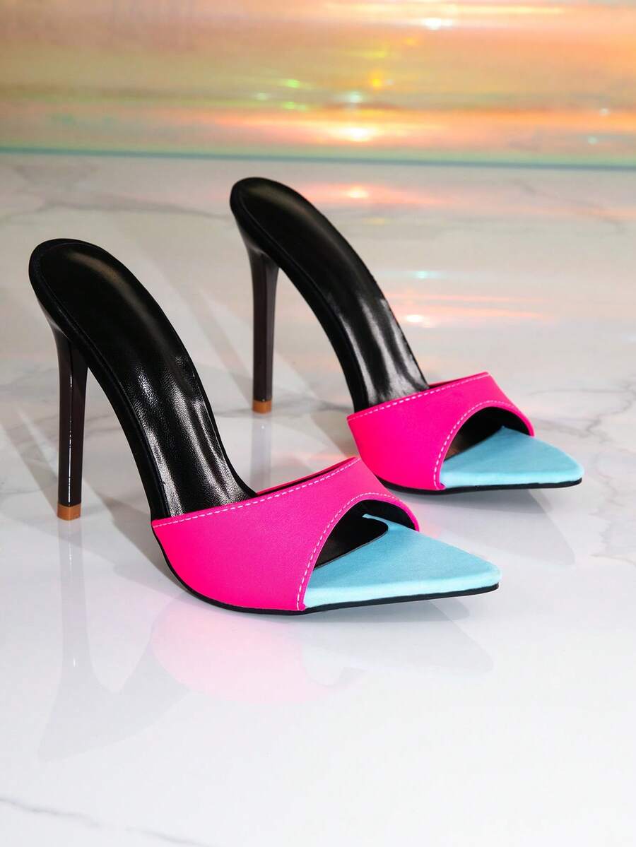 Women's pointed toe stiletto high heel sandals featuring colorblock splicing and open toe slingback design