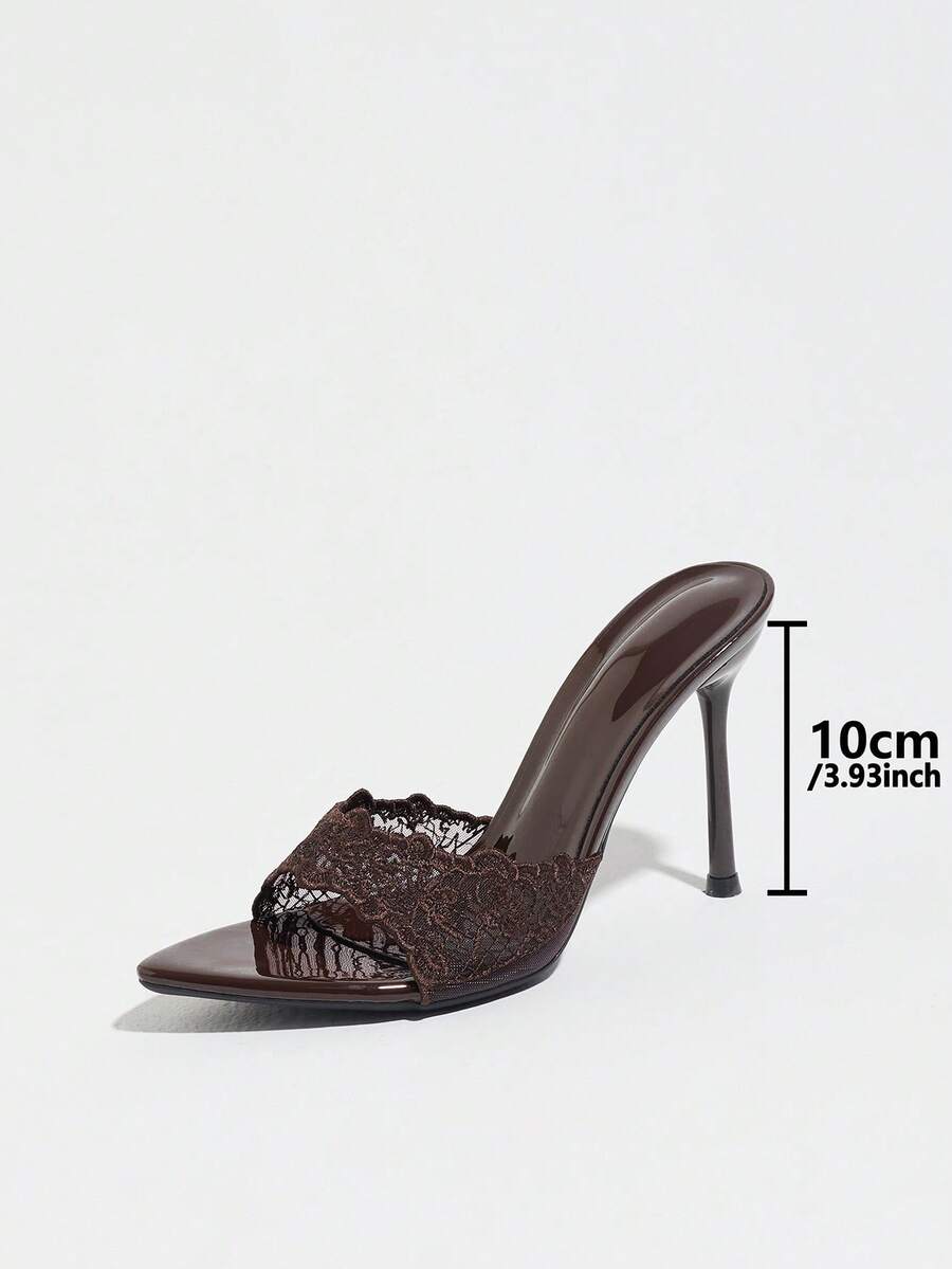 Women's open toe stiletto high heel mule shoes in smooth PU leather with slip-on strap design.