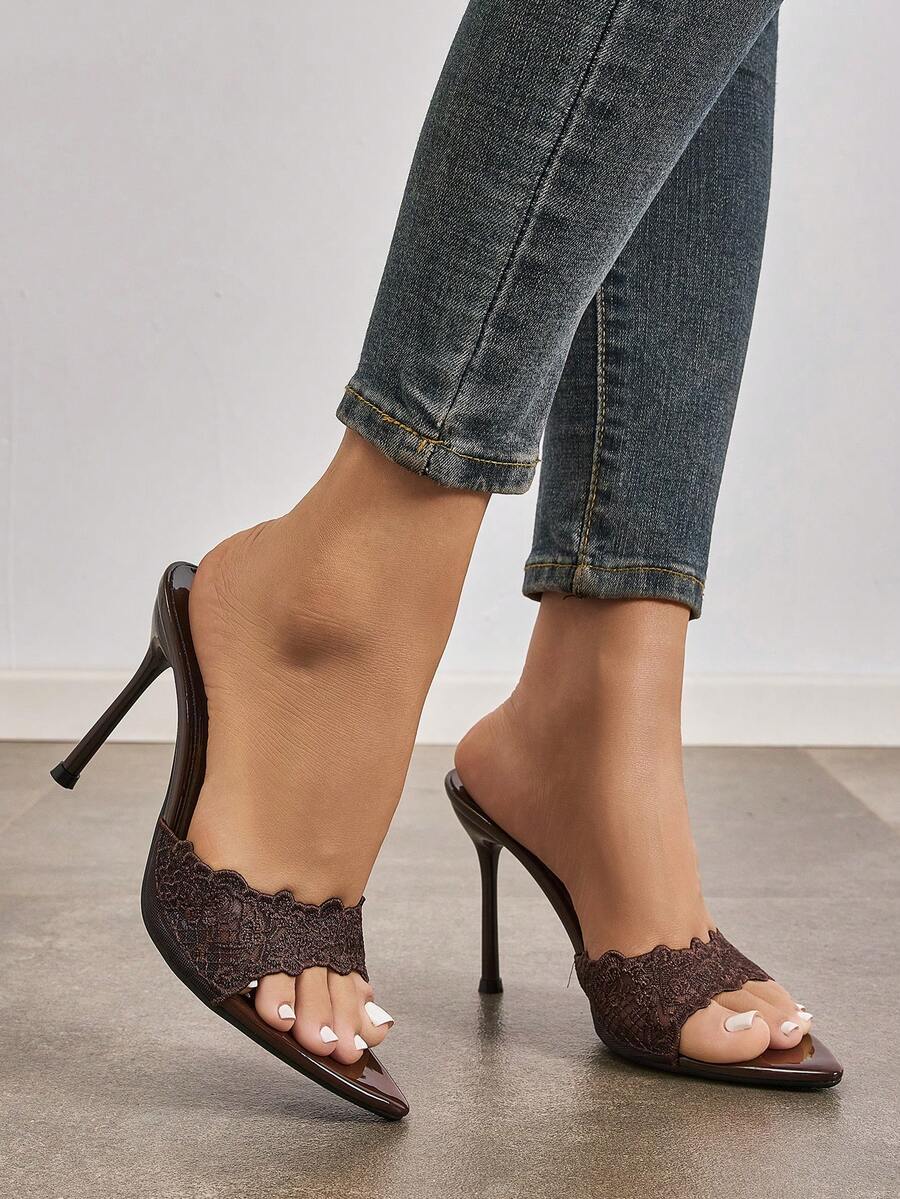 Women's open toe stiletto high heel mule shoes in smooth PU leather with slip-on strap design.