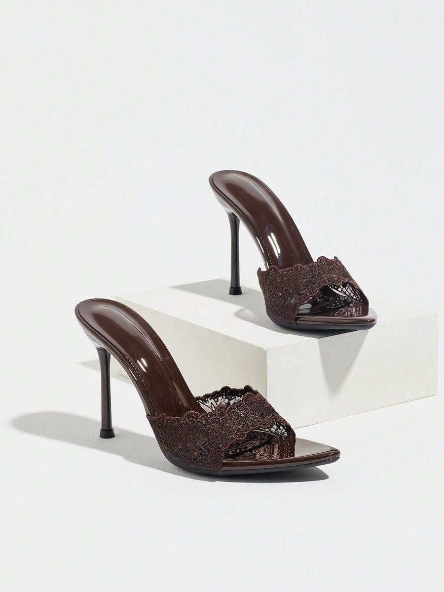 Women's open toe stiletto high heel mule shoes in smooth PU leather with slip-on strap design.
