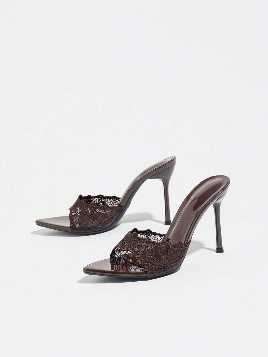 Women's open toe stiletto high heel mule shoes in smooth PU leather with slip-on strap design.