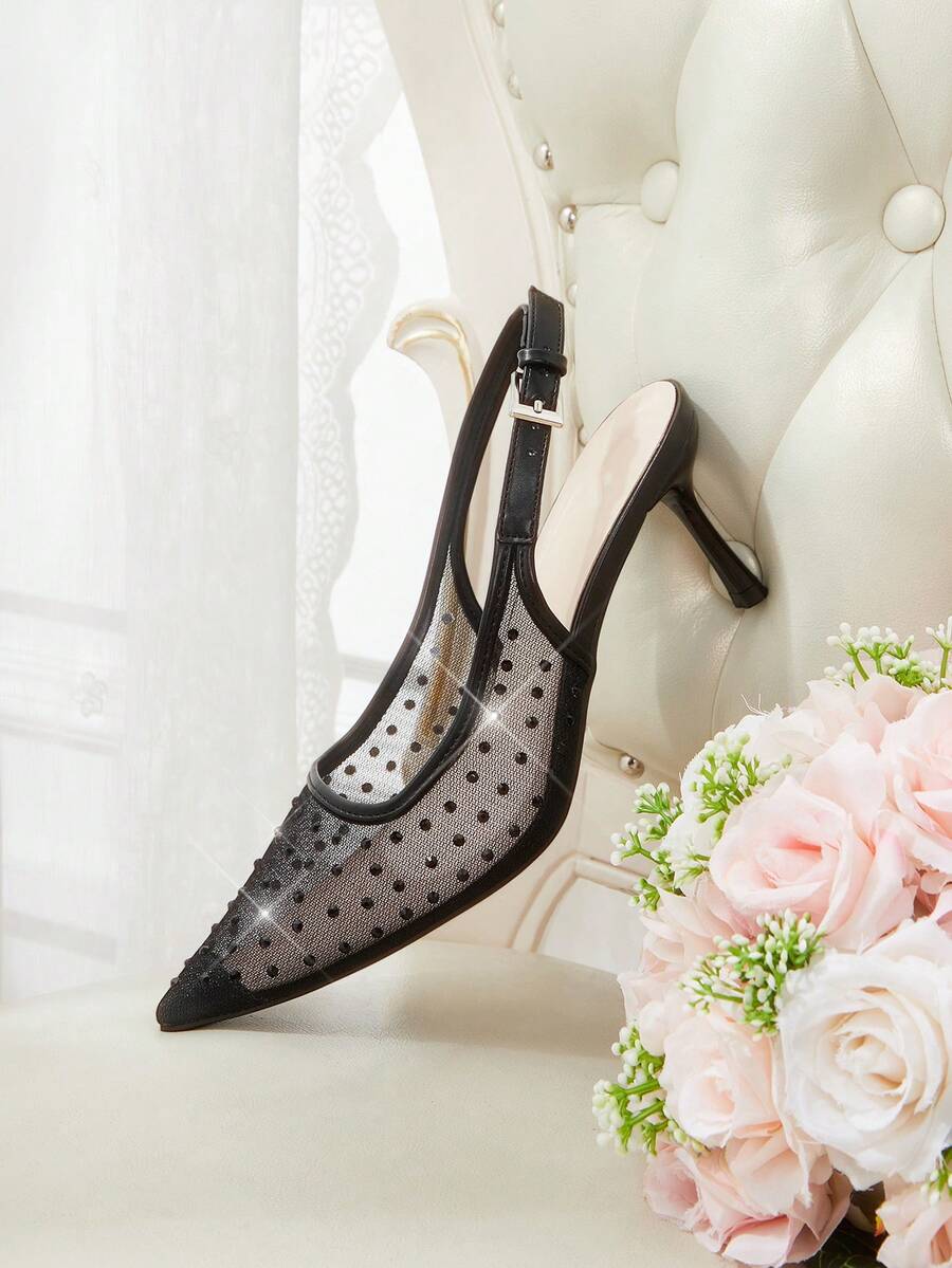 Pointed toe stiletto high heel pumps featuring black lace mesh upper, buckle slingback detail, and sleek slip-on design for weddings and evening wear.