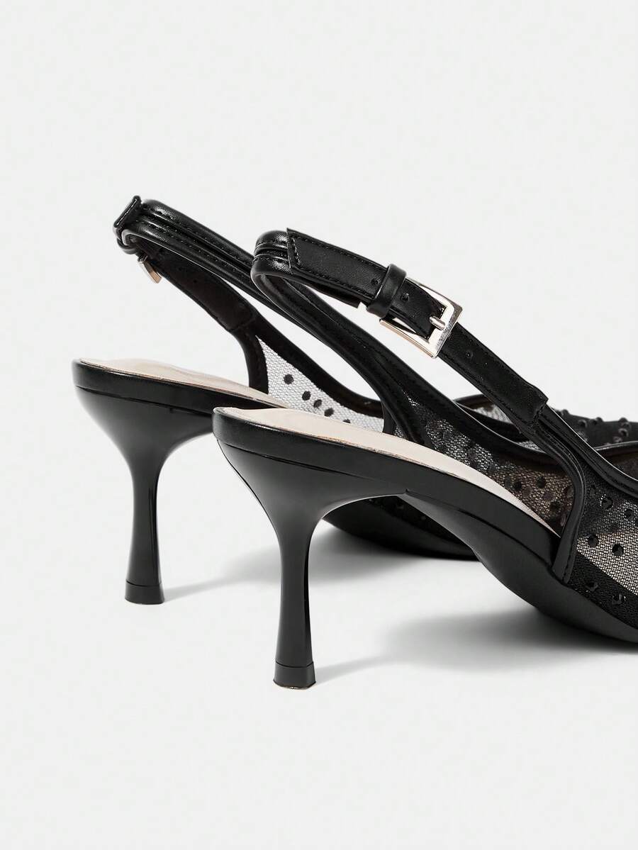 Pointed toe stiletto high heel pumps featuring black lace mesh upper, buckle slingback detail, and sleek slip-on design for weddings and evening wear.