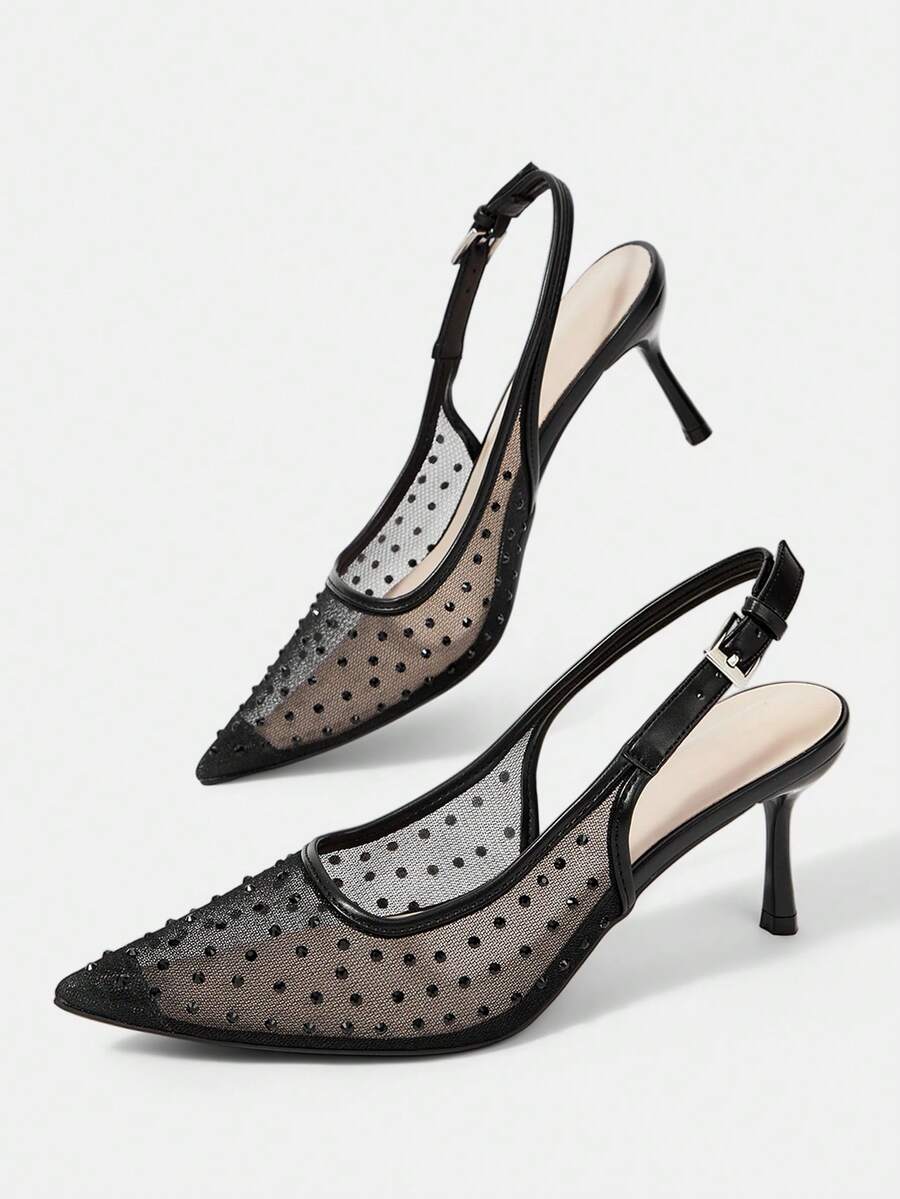 Pointed toe stiletto high heel pumps featuring black lace mesh upper, buckle slingback detail, and sleek slip-on design for weddings and evening wear.