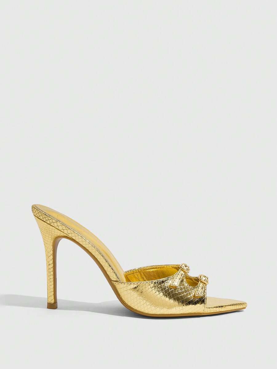 Women's bronze pleated satin stiletto sandals with an open toe design and adjustable buckle slingback strap.