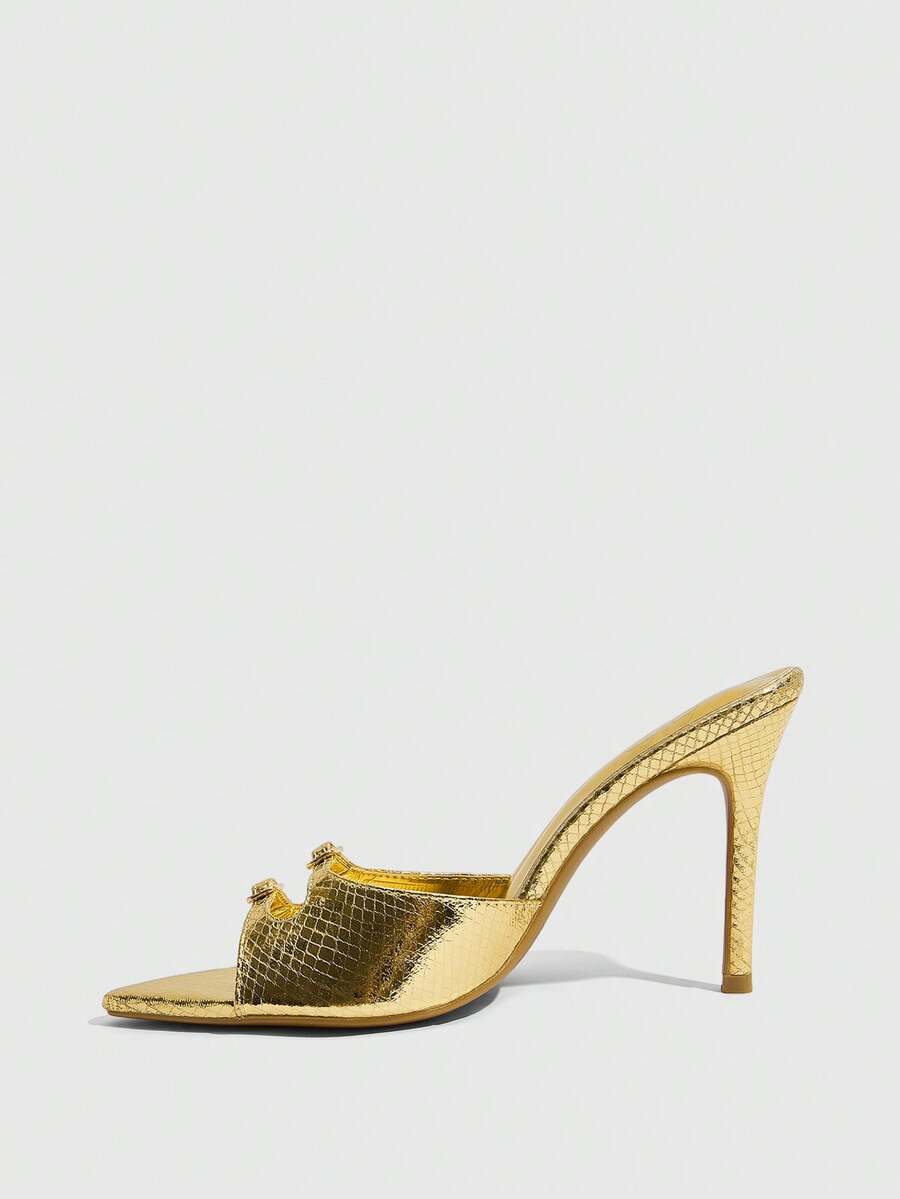 Women's bronze pleated satin stiletto sandals with an open toe design and adjustable buckle slingback strap.