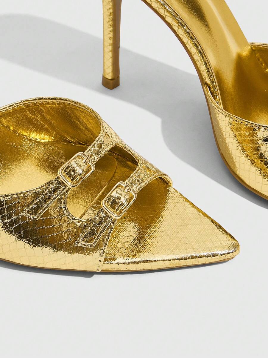 Women's bronze pleated satin stiletto sandals with an open toe design and adjustable buckle slingback strap.